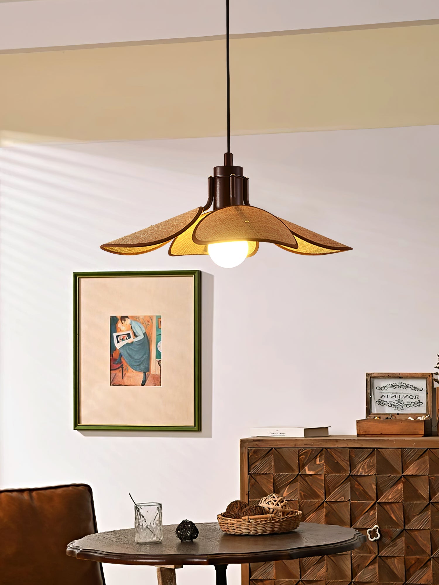 Petal Bloom Pendant Light | Metal & Fabric | Black Walnut Finish