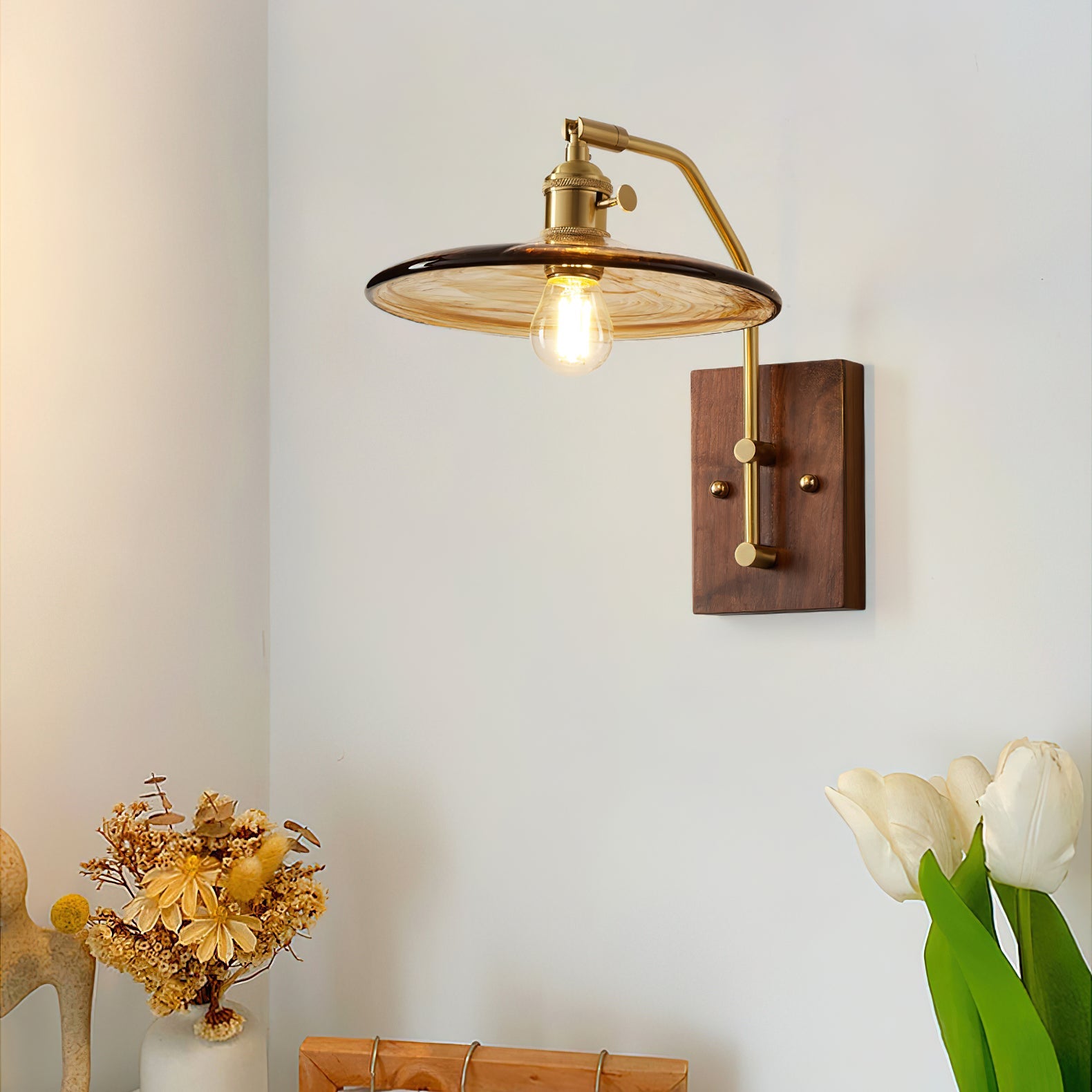 Vintage Wall Lamp | Amber Glass & Brass | Indoor Lighting