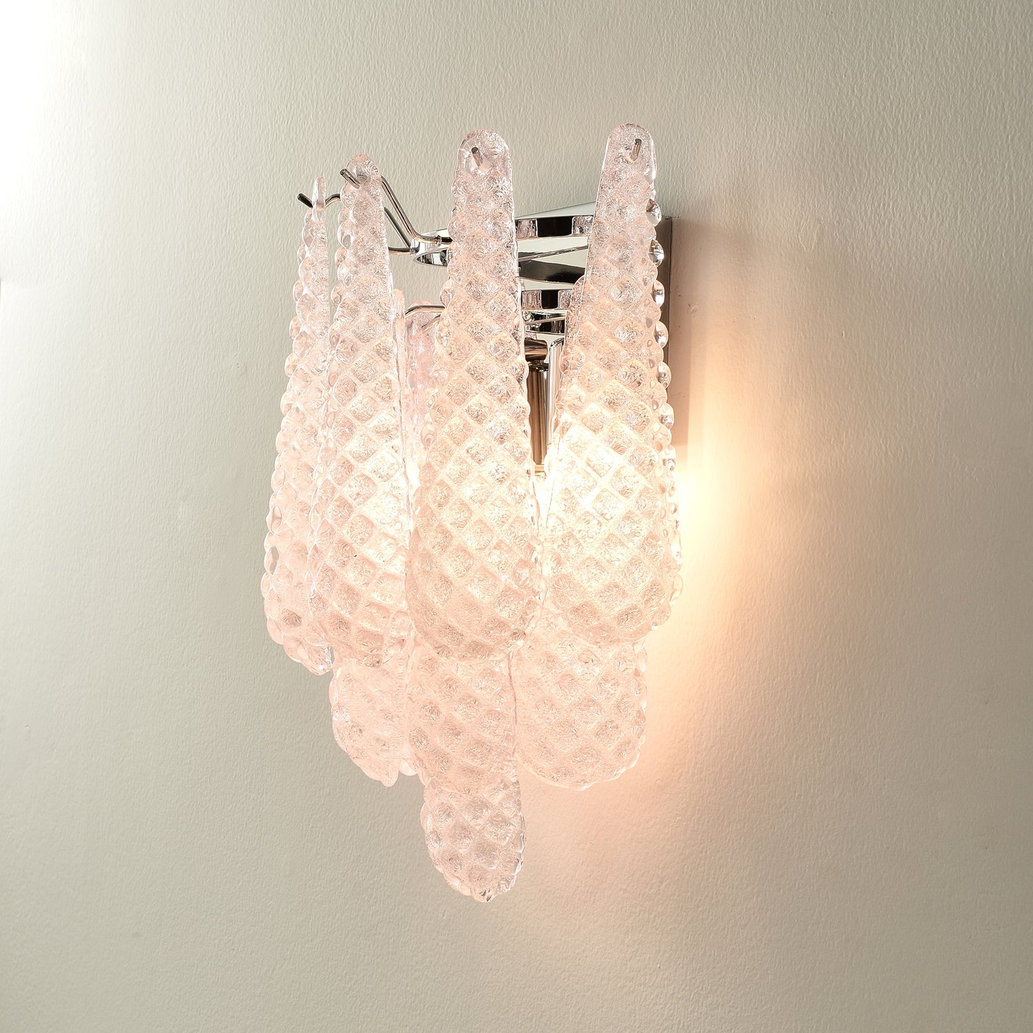 Waffle Wall Sconce | Textured Glass & Chrome | Pink, 29cm Diameter