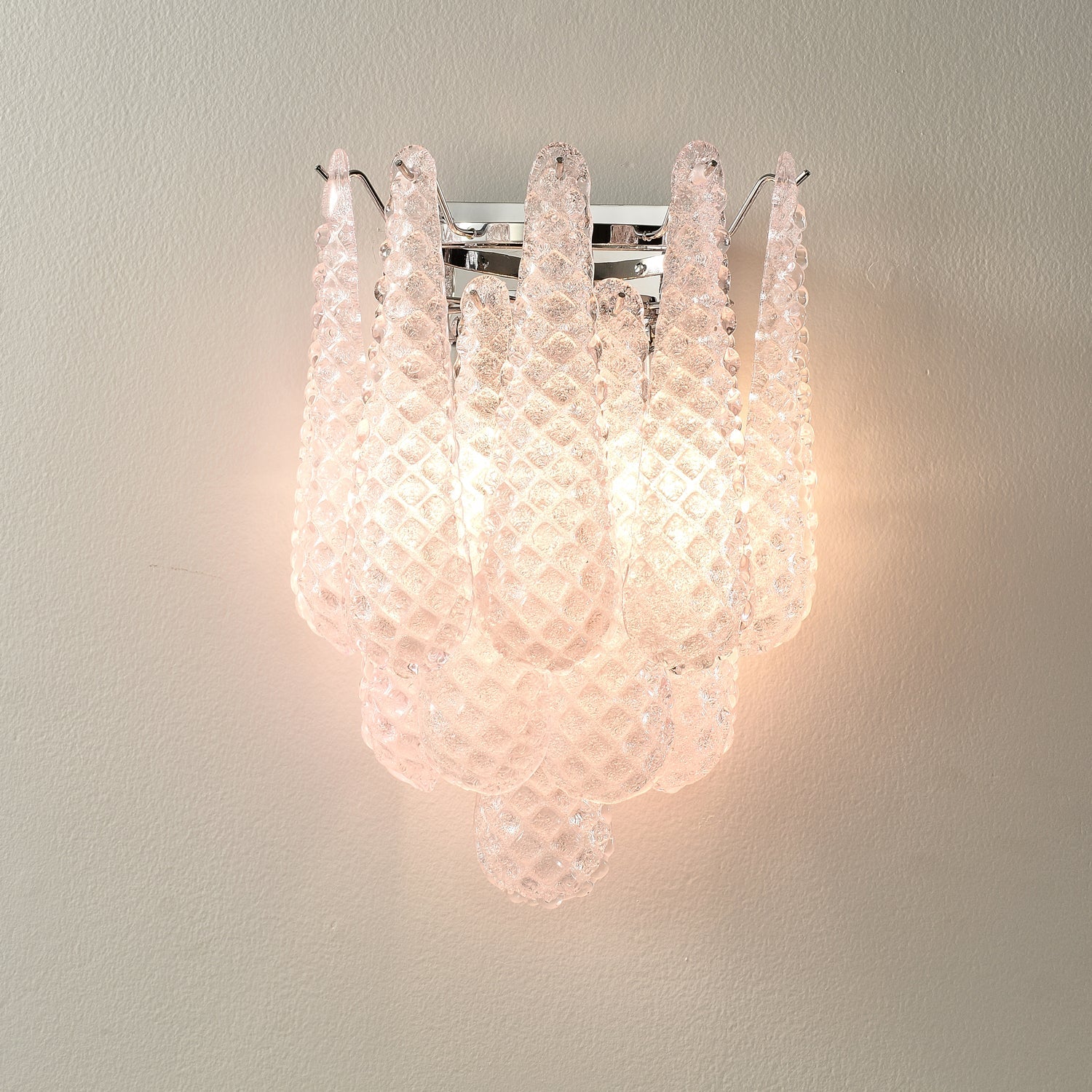 Waffle Wall Sconce | Textured Glass & Chrome | Pink, 29cm Diameter