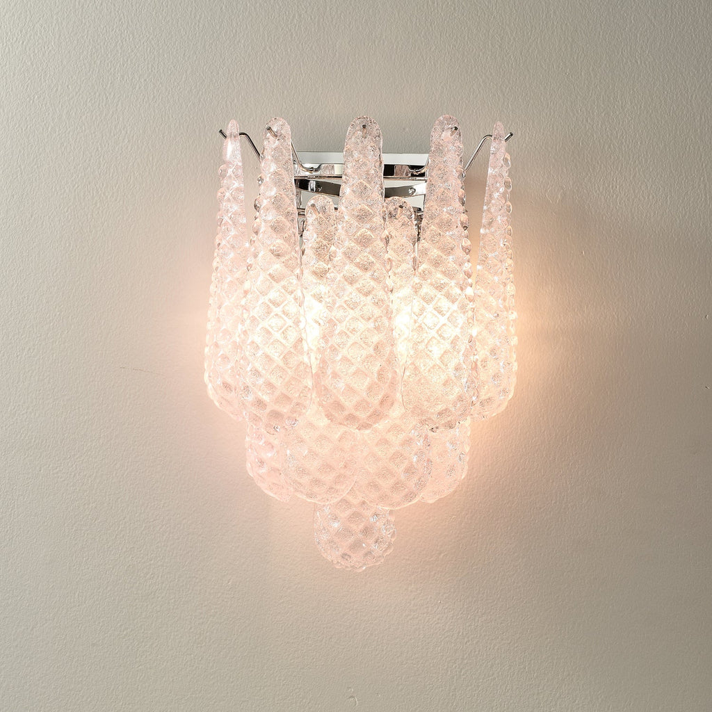 Waffle Wall Sconce | Textured Glass & Chrome | Pink, 29cm Diameter