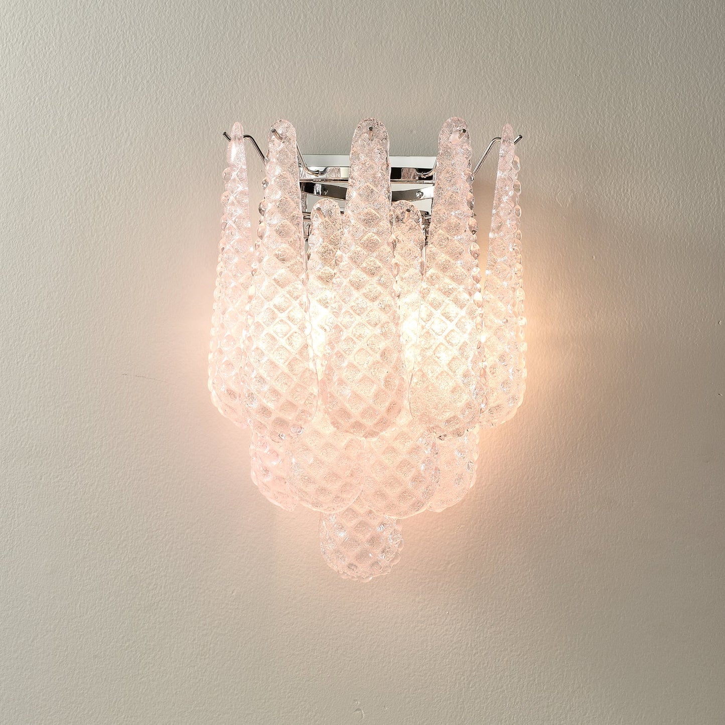 Waffle Wall Sconce | Textured Glass & Chrome | Pink, 29cm Diameter