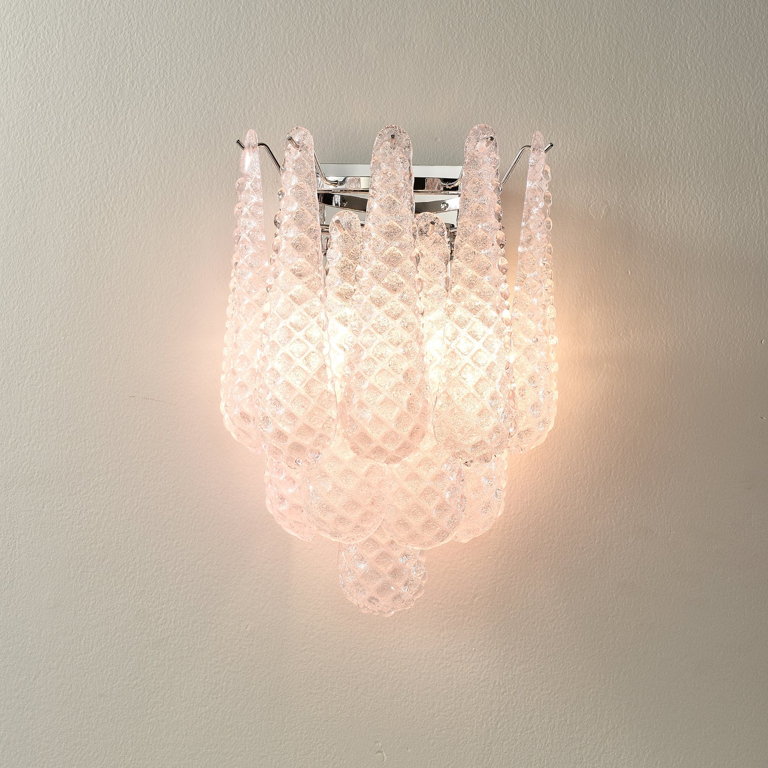Waffle Wall Sconce | Textured Glass & Chrome | Pink, 29cm Diameter