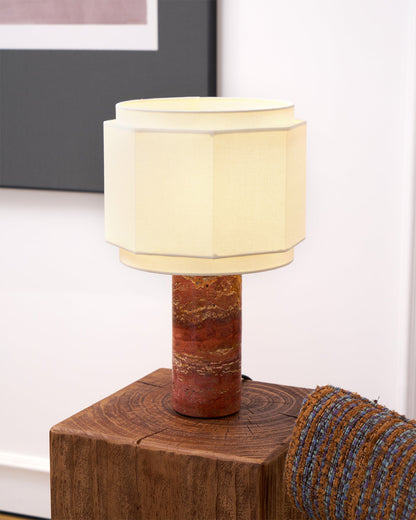 Terra Hexa Table Lamp | Red Travertine Base | White Fabric Shade