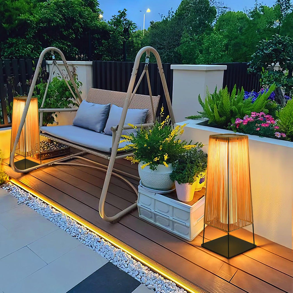Outdoor Solar Post Light | Plastic Rattan | Black & Yellow