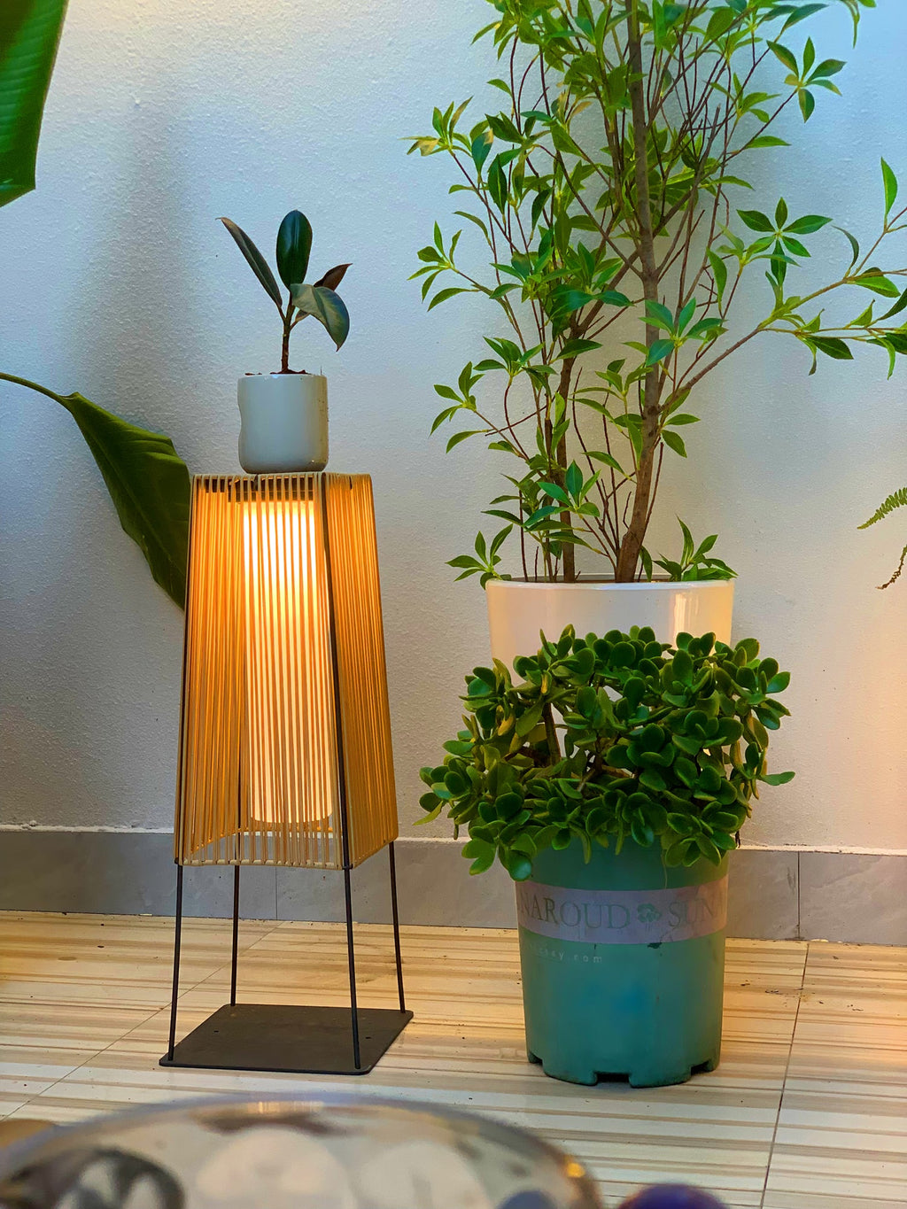 Outdoor Solar Post Light | Plastic Rattan | Black & Yellow