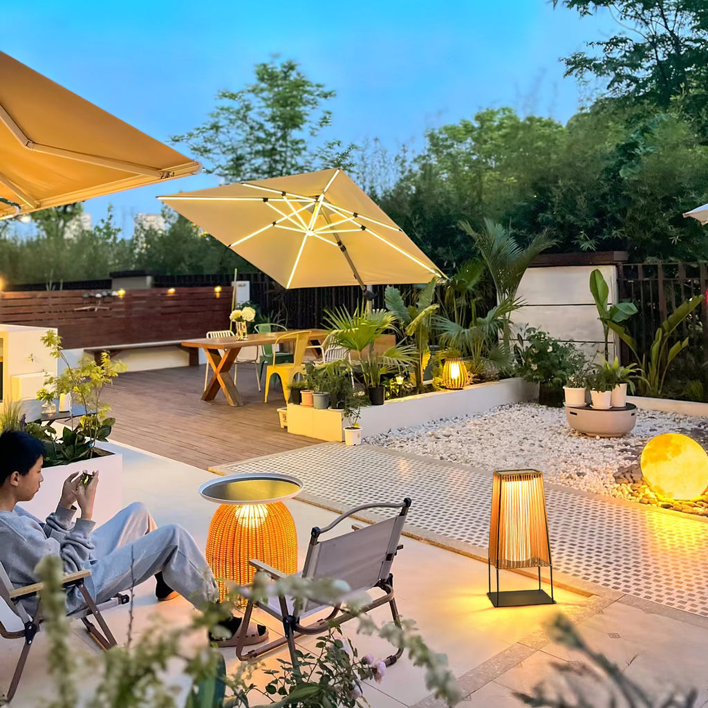 Outdoor Solar Post Light | Plastic Rattan | Black & Yellow