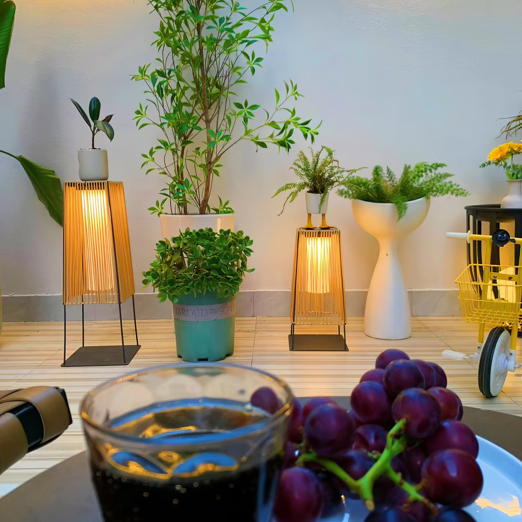 Outdoor Solar Post Light | Plastic Rattan | Black & Yellow
