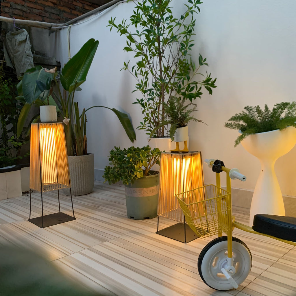 Outdoor Solar Post Light | Plastic Rattan | Black & Yellow