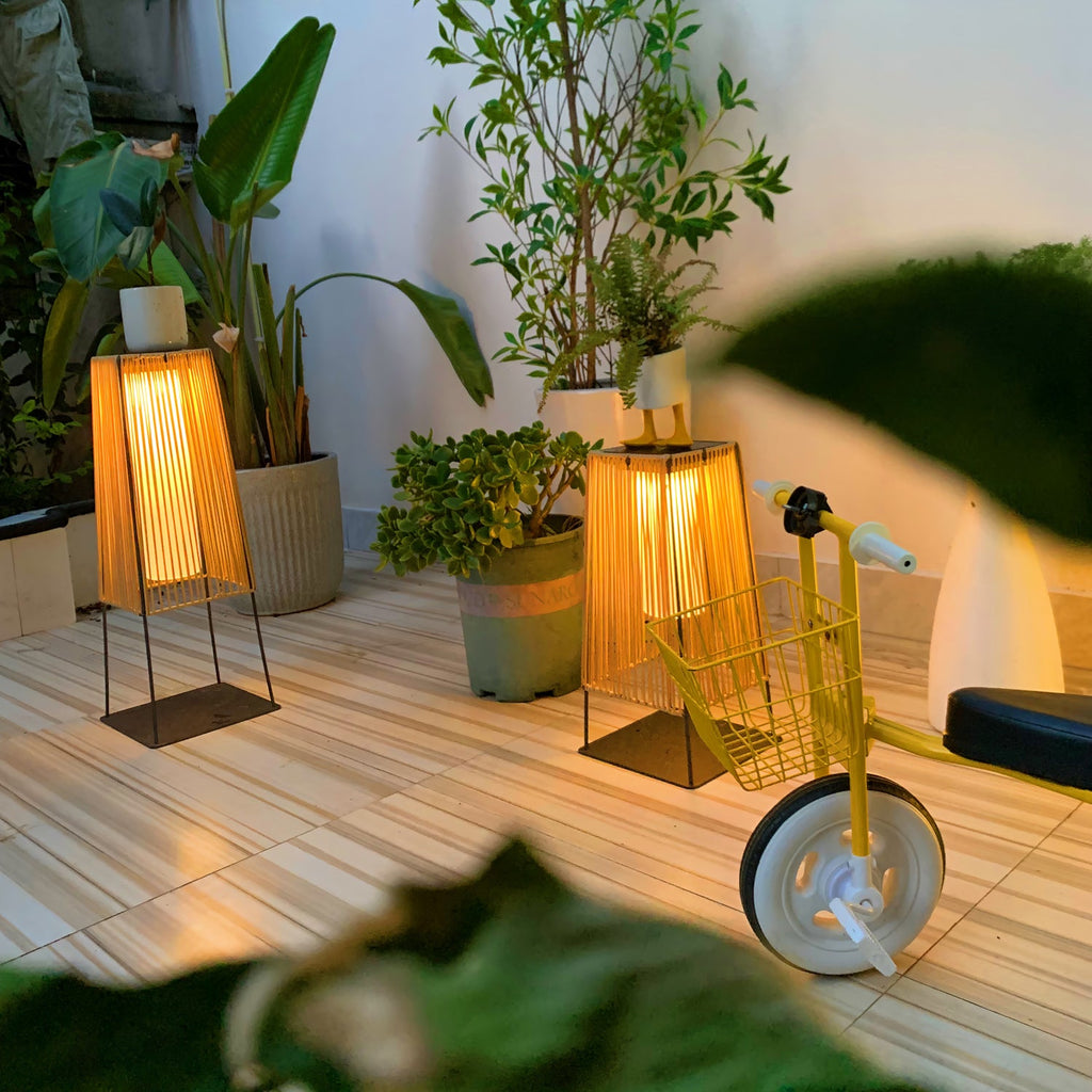 Outdoor Solar Post Light | Plastic Rattan | Black & Yellow