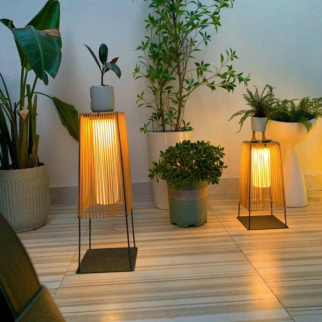 Outdoor Solar Post Light | Plastic Rattan | Black & Yellow