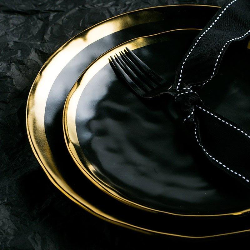 Pearl Plate Set | Handmade Fine Porcelain | Gold Rimmed, Cream & Black