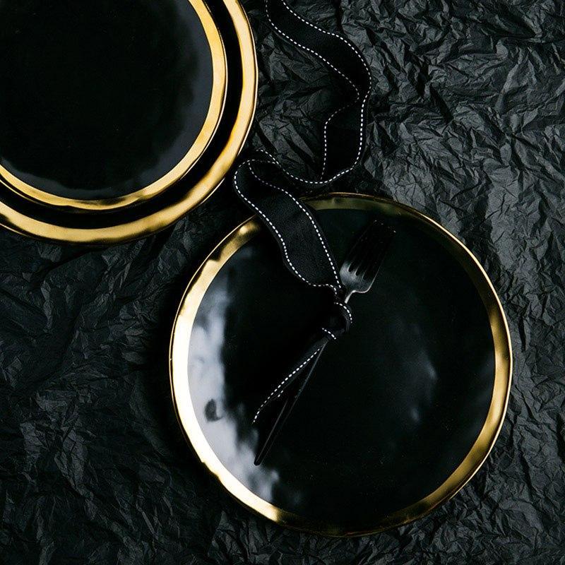 Pearl Plate Set | Handmade Fine Porcelain | Gold Rimmed, Cream & Black