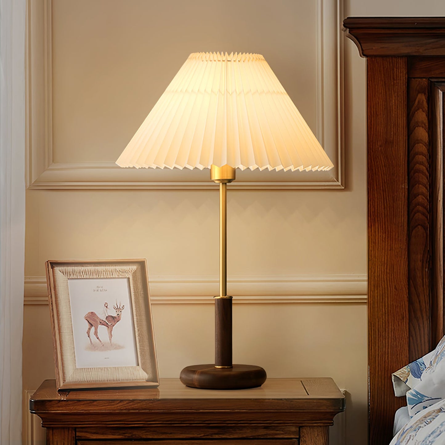 Table Lamp | Walnut Wood Base & White Fabric Shade | 36cm Diameter