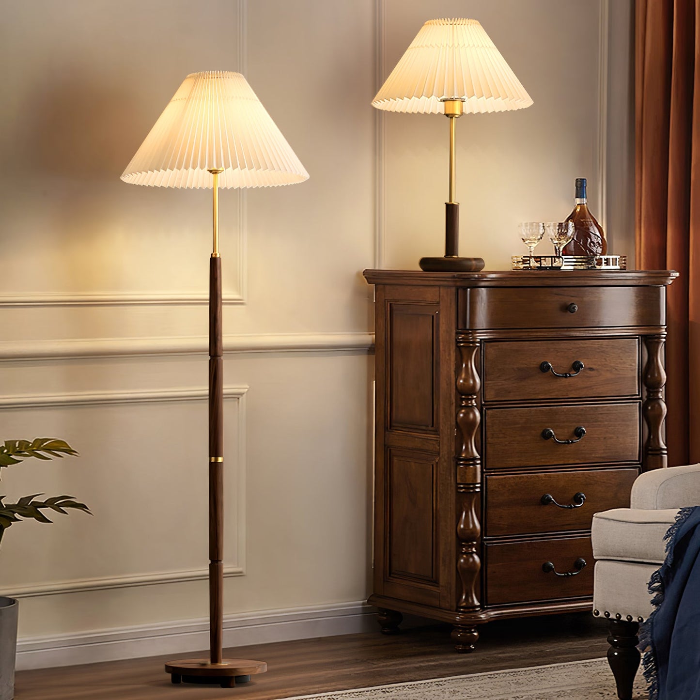 Table Lamp | Walnut Wood Base & White Fabric Shade | 36cm Diameter