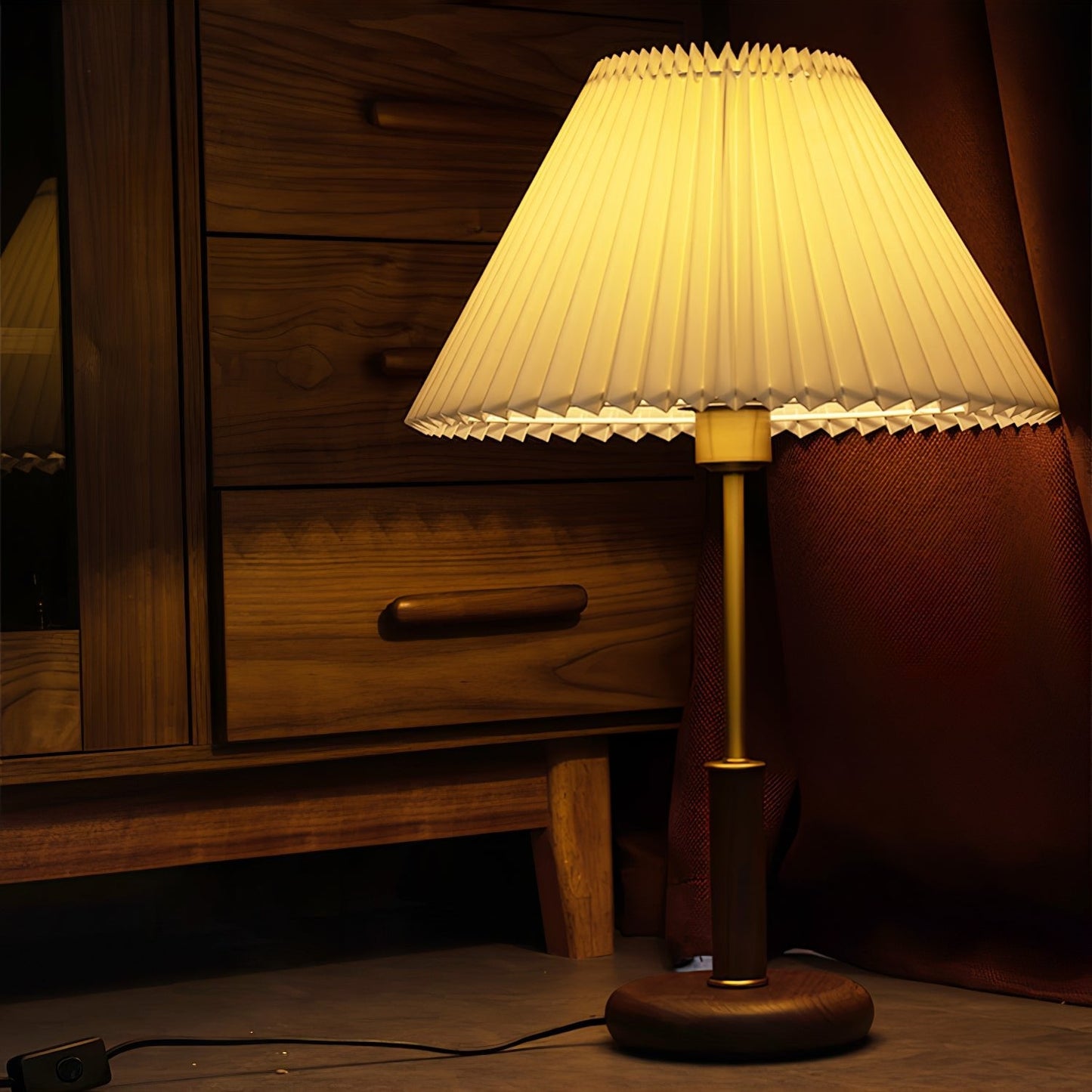 Table Lamp | Walnut Wood Base & White Fabric Shade | 36cm Diameter