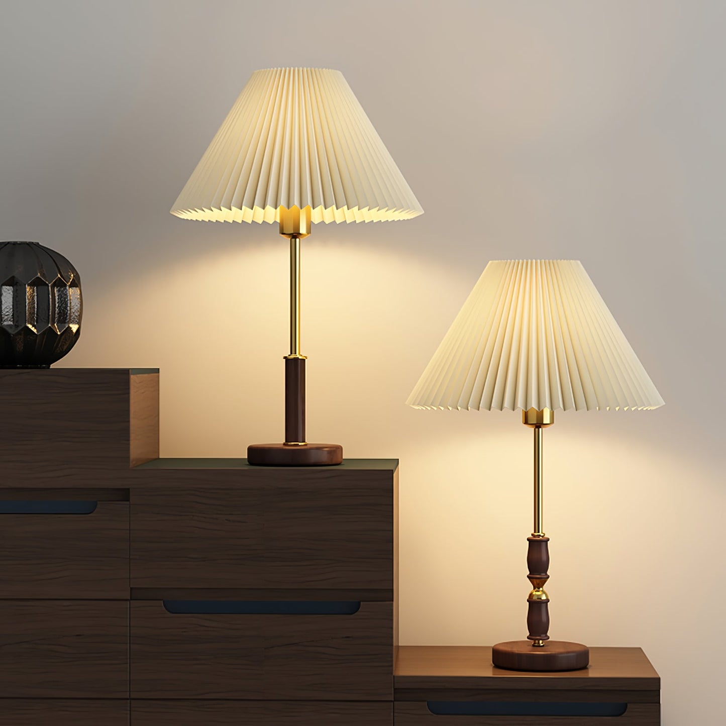 Table Lamp | Walnut Wood Base & White Fabric Shade | 36cm Diameter
