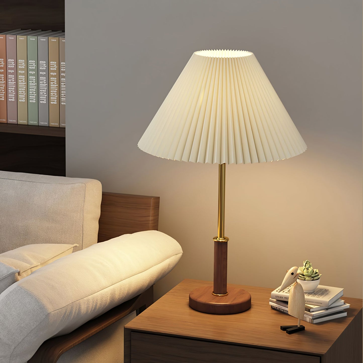 Table Lamp | Walnut Wood Base & White Fabric Shade | 36cm Diameter