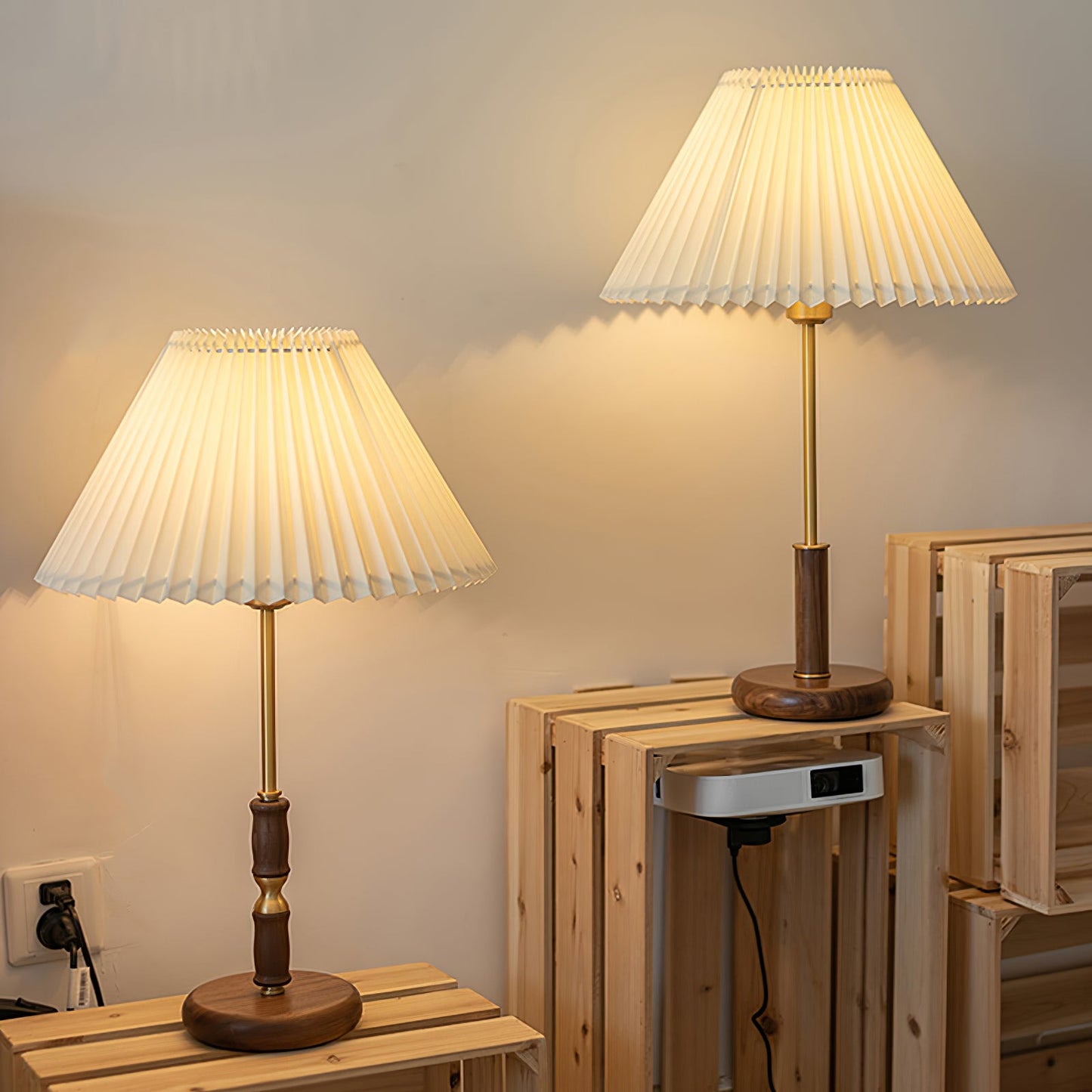 Table Lamp | Walnut Wood Base & White Fabric Shade | 36cm Diameter