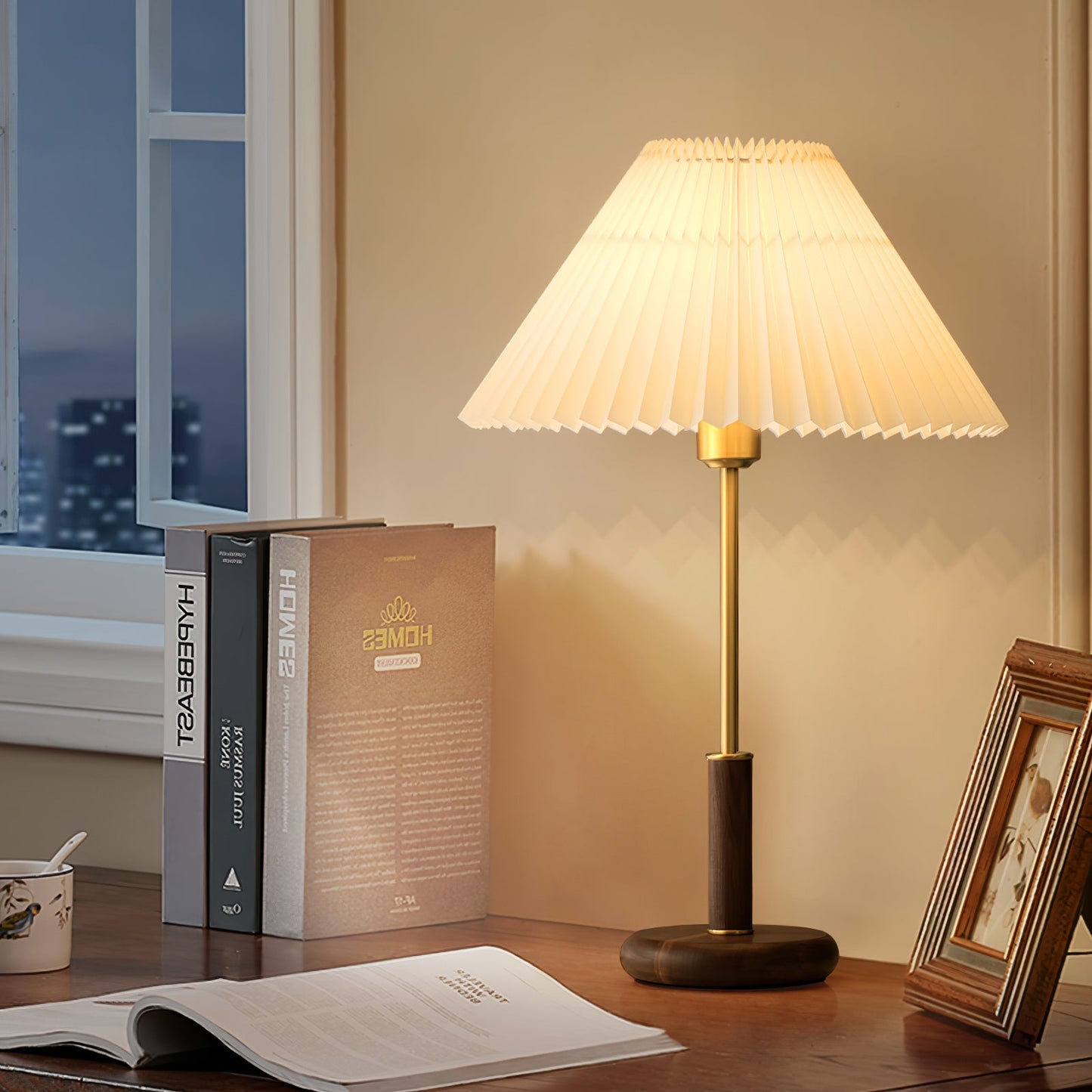 Table Lamp | Walnut Wood Base & White Fabric Shade | 36cm Diameter