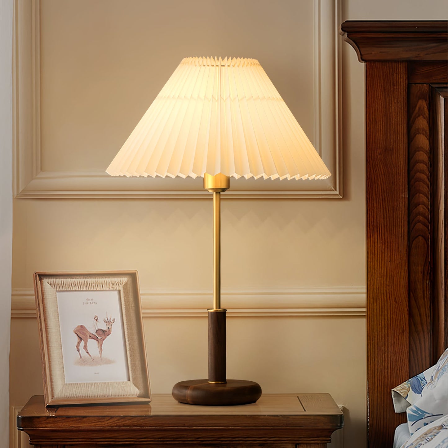 Table Lamp | Walnut Wood Base & White Fabric Shade | 36cm Diameter