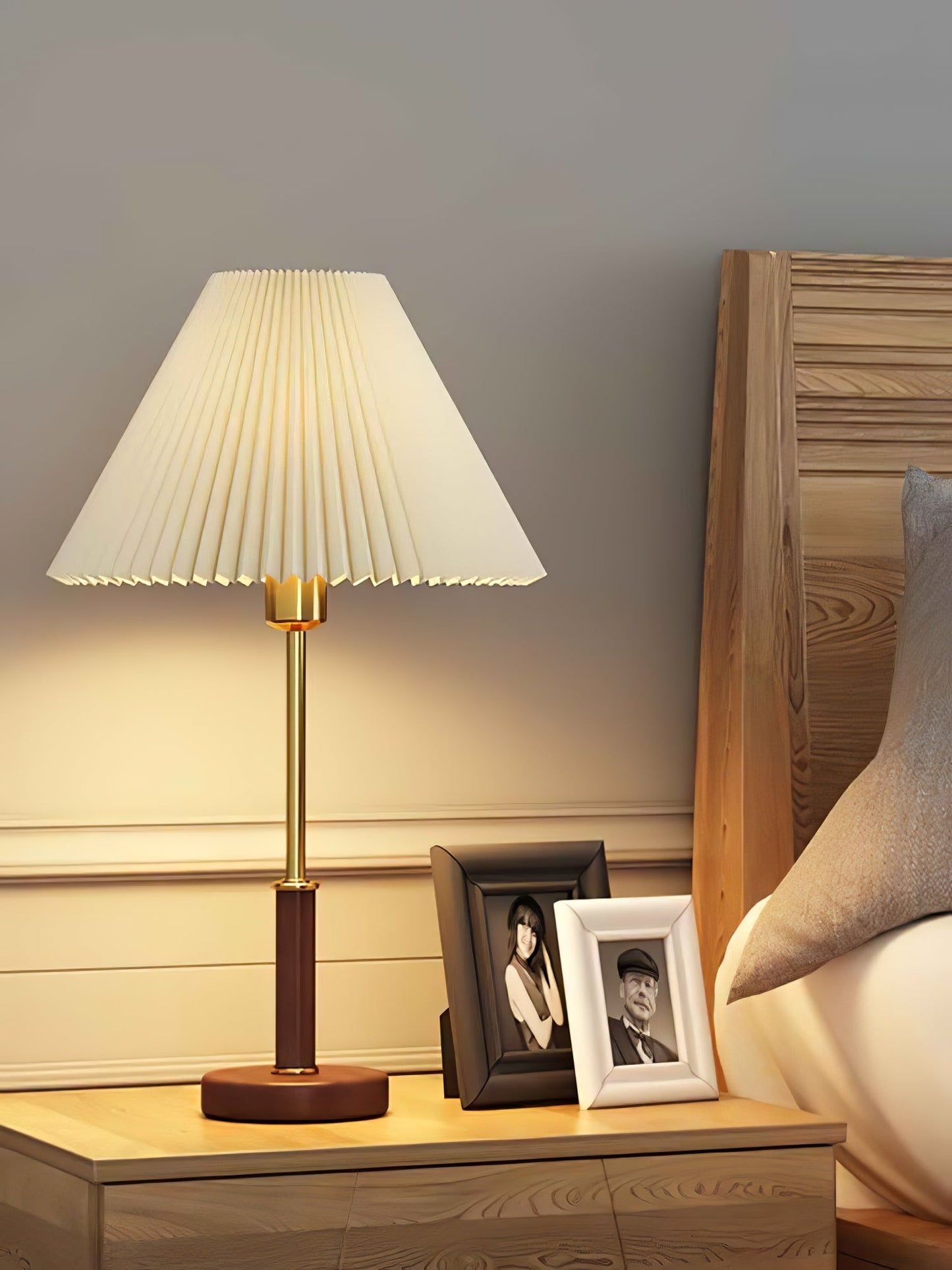 Table Lamp | Walnut Wood Base & White Fabric Shade | 36cm Diameter