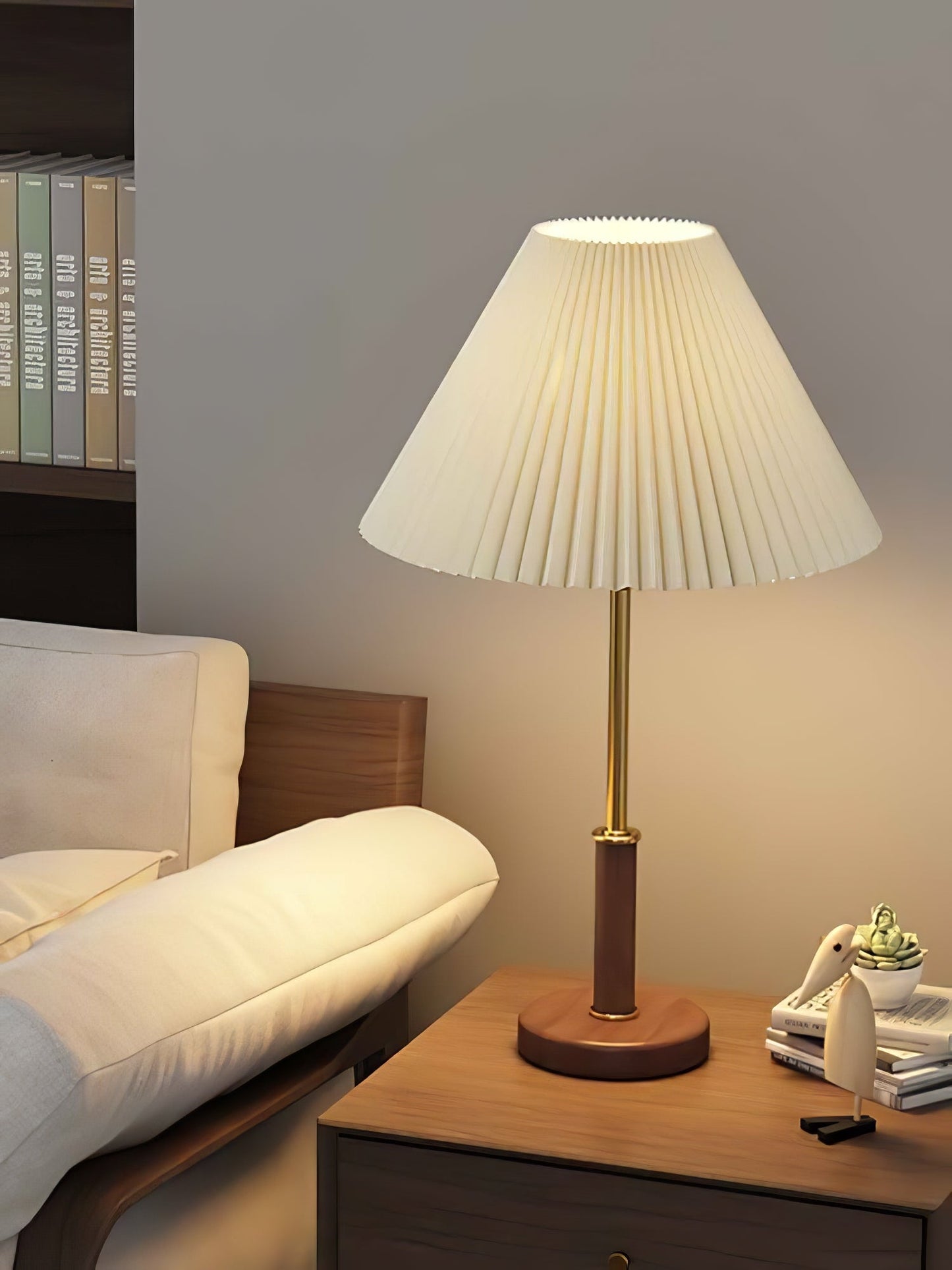 Table Lamp | Walnut Wood Base & White Fabric Shade | 36cm Diameter