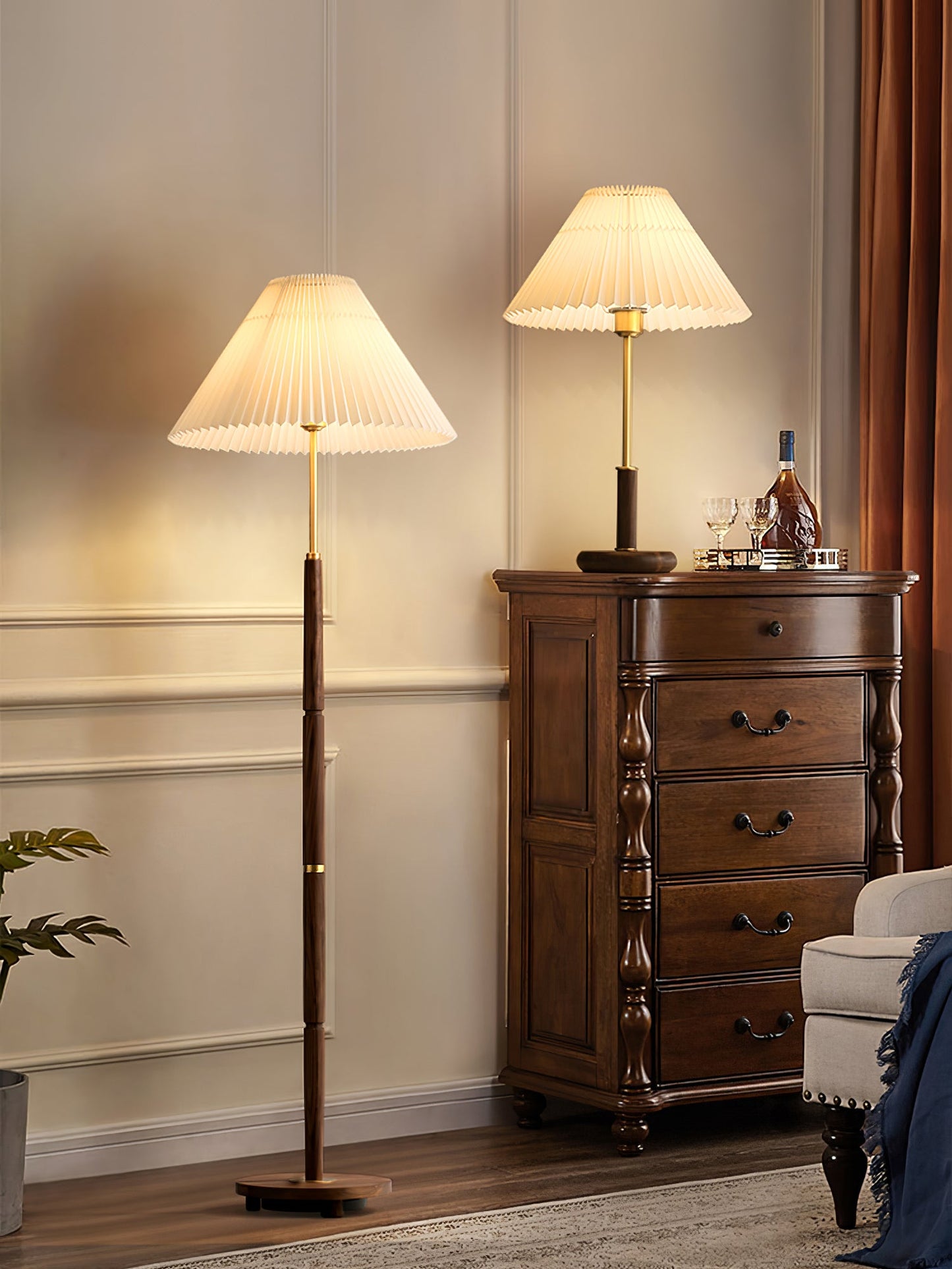 Table Lamp | Walnut Wood Base & White Fabric Shade | 36cm Diameter