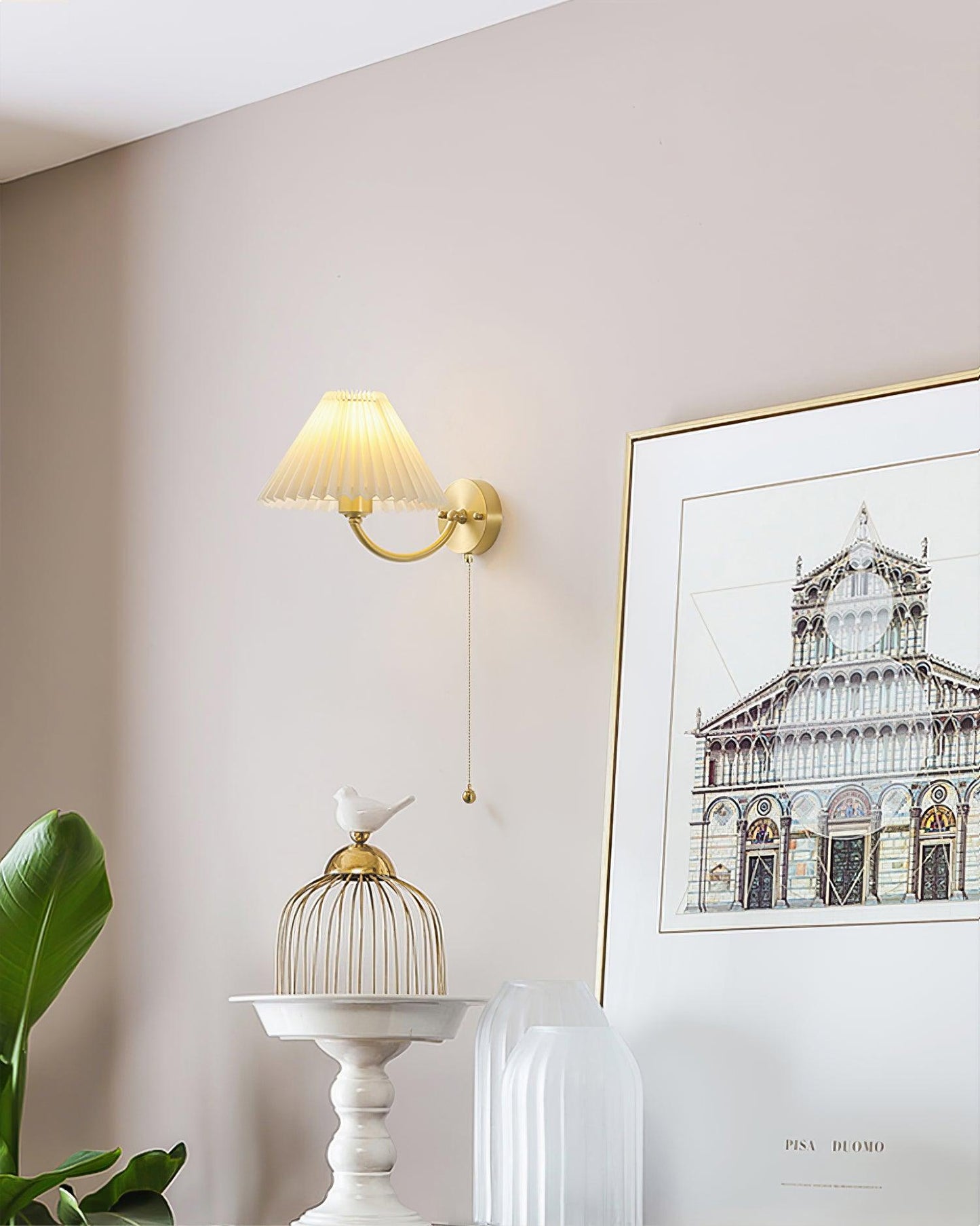 Pleated Wall Lamp Set | Brass & White Fabric | Set of 2