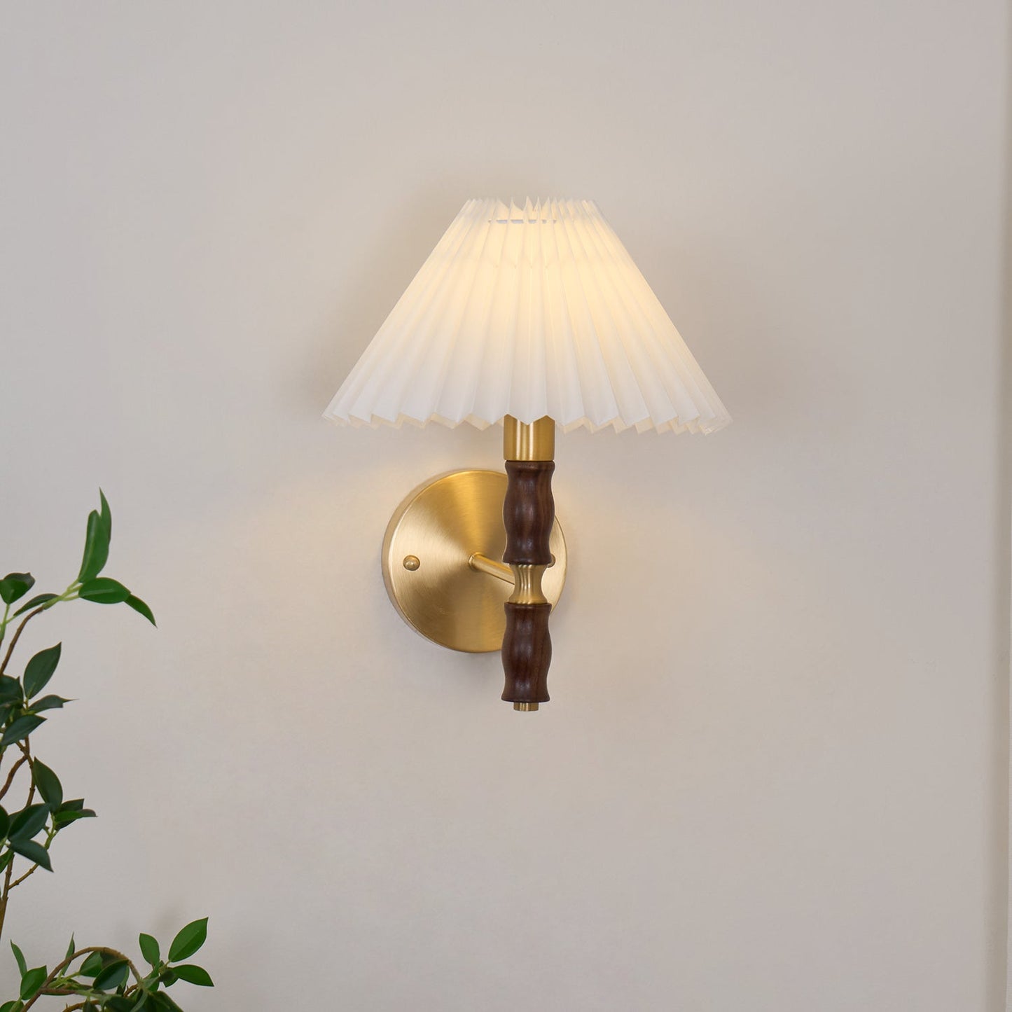 Walnut Wall Light | Pleated Fabric | Set of 2