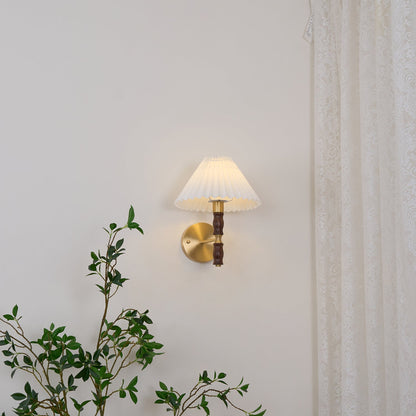Walnut Wall Light | Pleated Fabric | Set of 2