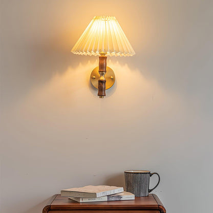 Walnut Wall Light | Pleated Fabric | Set of 2