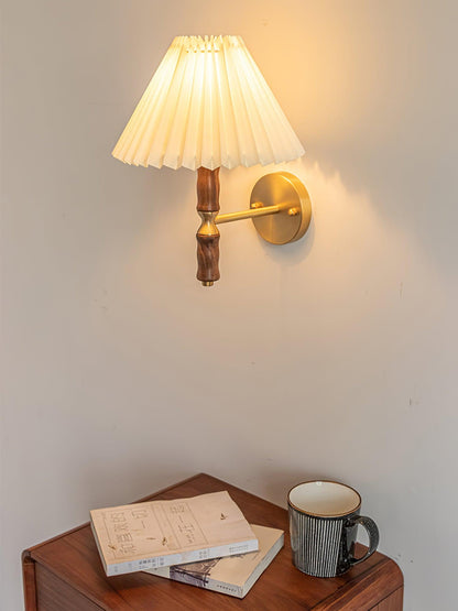 Walnut Wall Light | Pleated Fabric | Set of 2