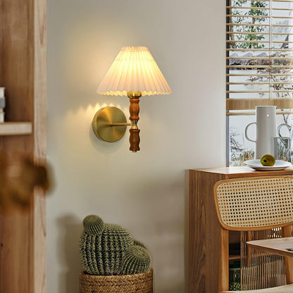 Walnut Wall Light | Pleated Fabric | Set of 2