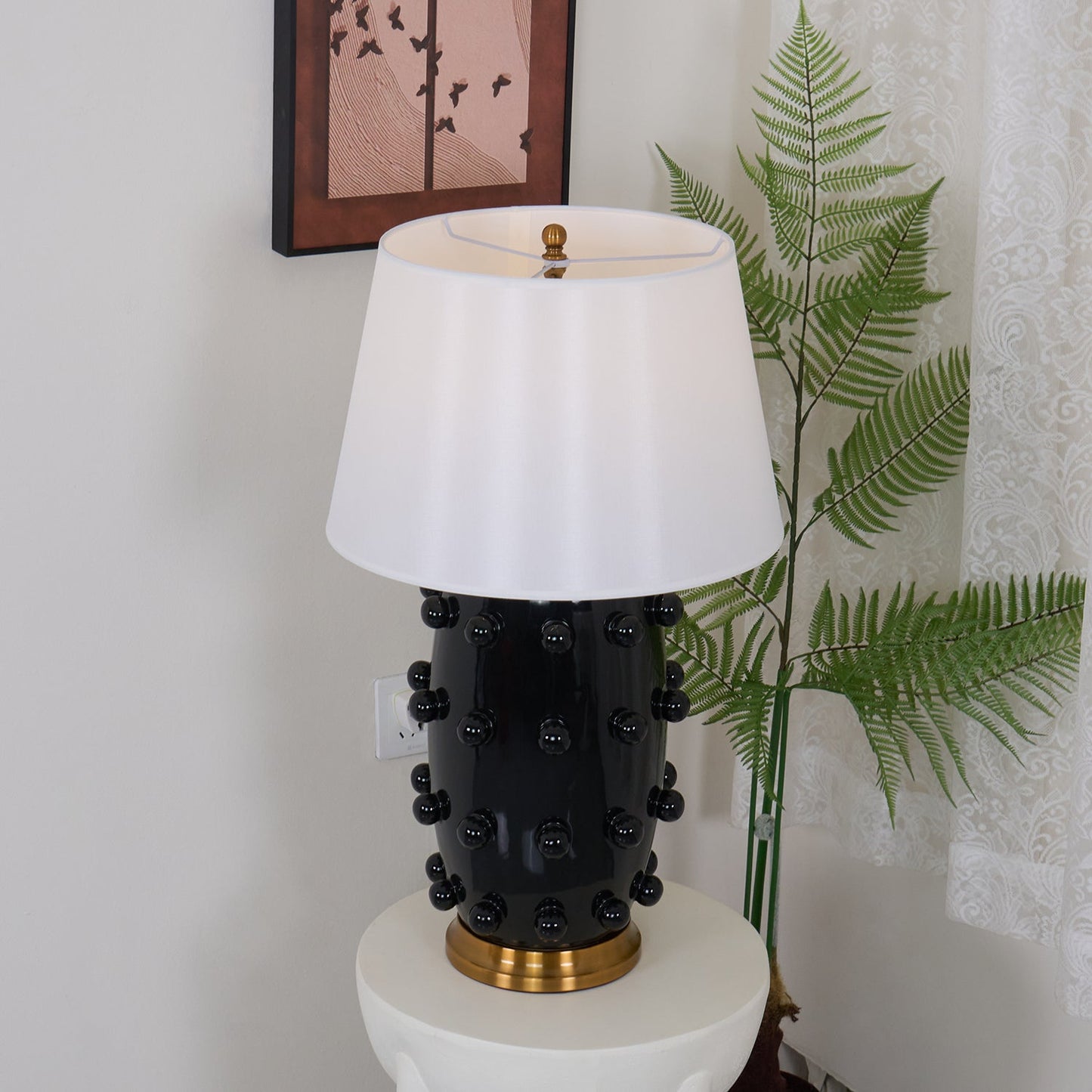 Polka Dot Table Lamp | White Ceramic with Brass Accents | 68cm Height