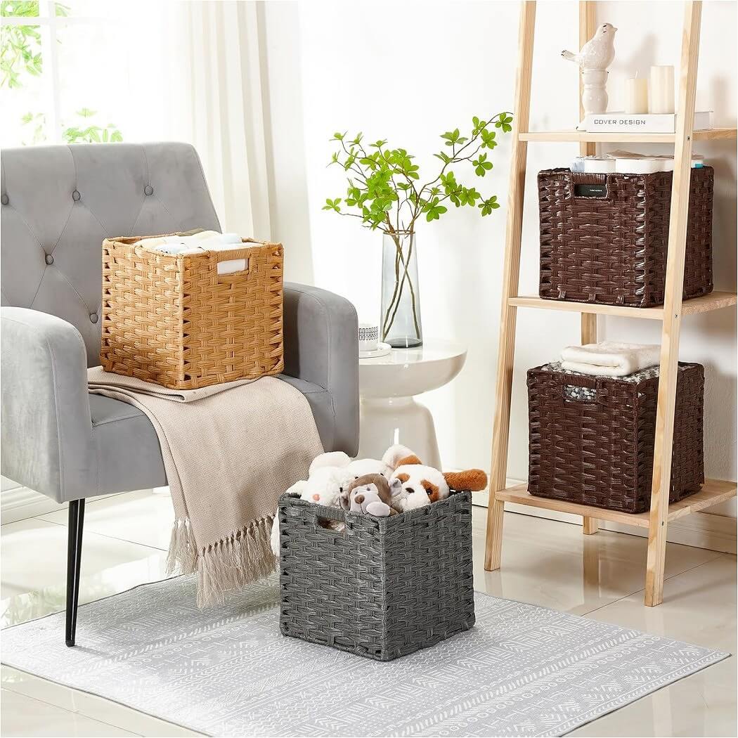 Wicker Storage Cube Boxes | Ash Grey Rattan Effect | Set of 2, 4, or 6