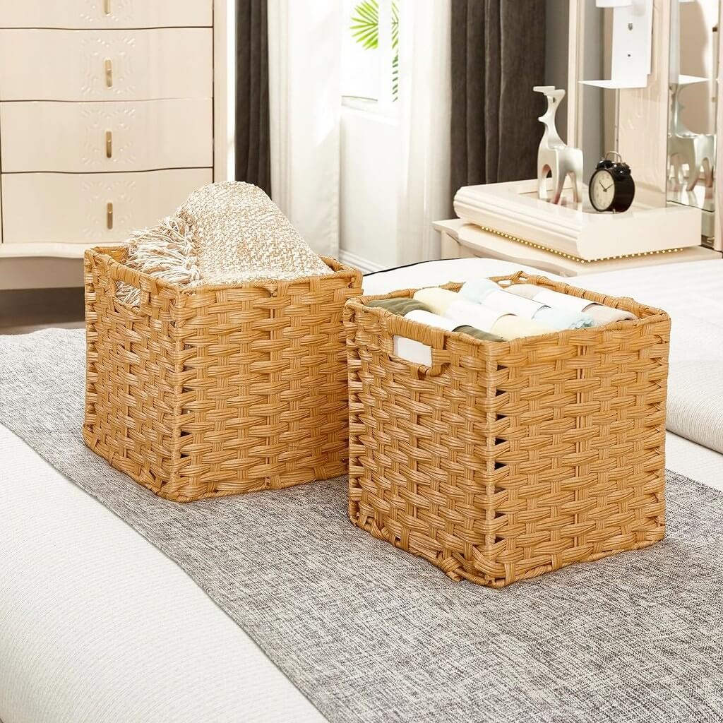 Hand-Woven Polyrattan Storage Cube | Waterproof & Anti-Mould | Set of 2, Popcorn Beige
