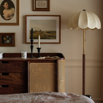 Prague Petals Floor Lamp | Wooden Base & Fabric Shade | Walnut & White