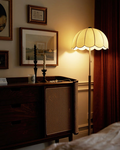 Prague Petals Floor Lamp | Wooden Base & Fabric Shade | Walnut & White