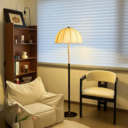 Prague Petals Floor Lamp | Wooden Base & Fabric Shade | Walnut & White