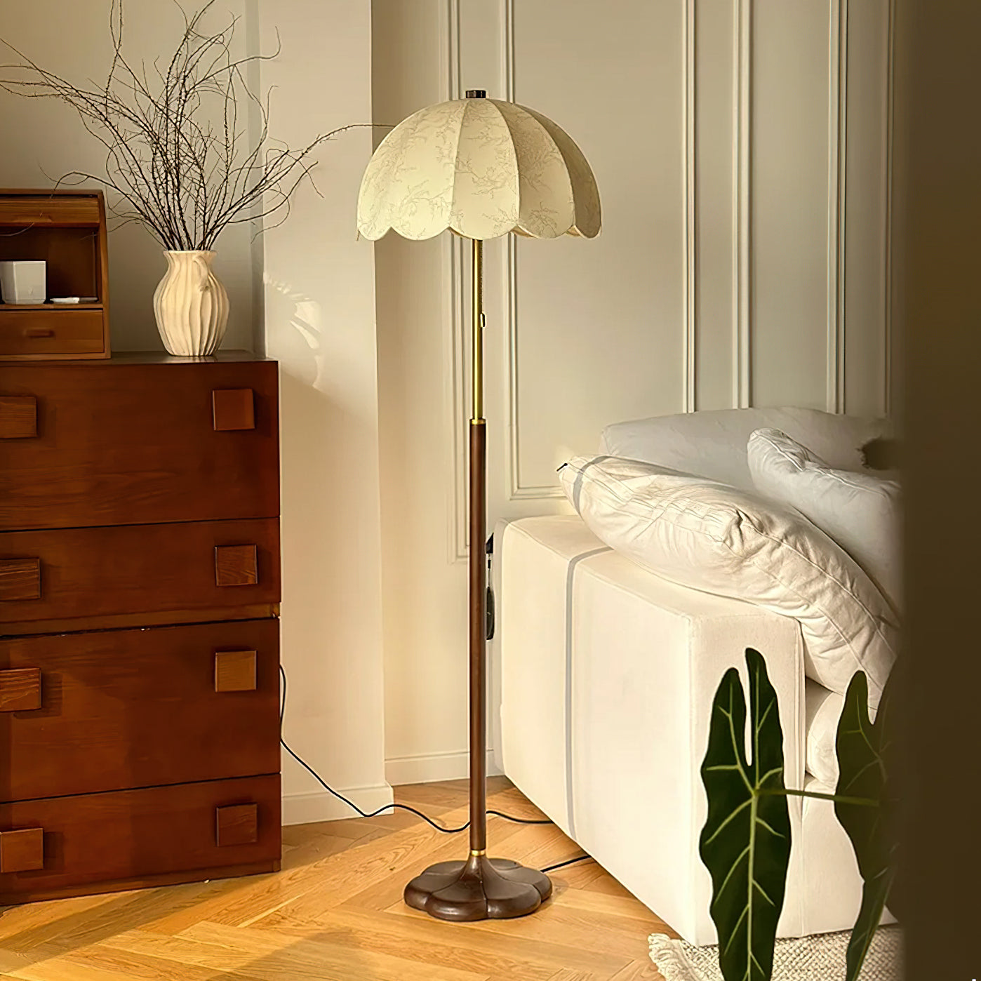 Prague Petals Floor Lamp | Wooden Base & Fabric Shade | Walnut & White
