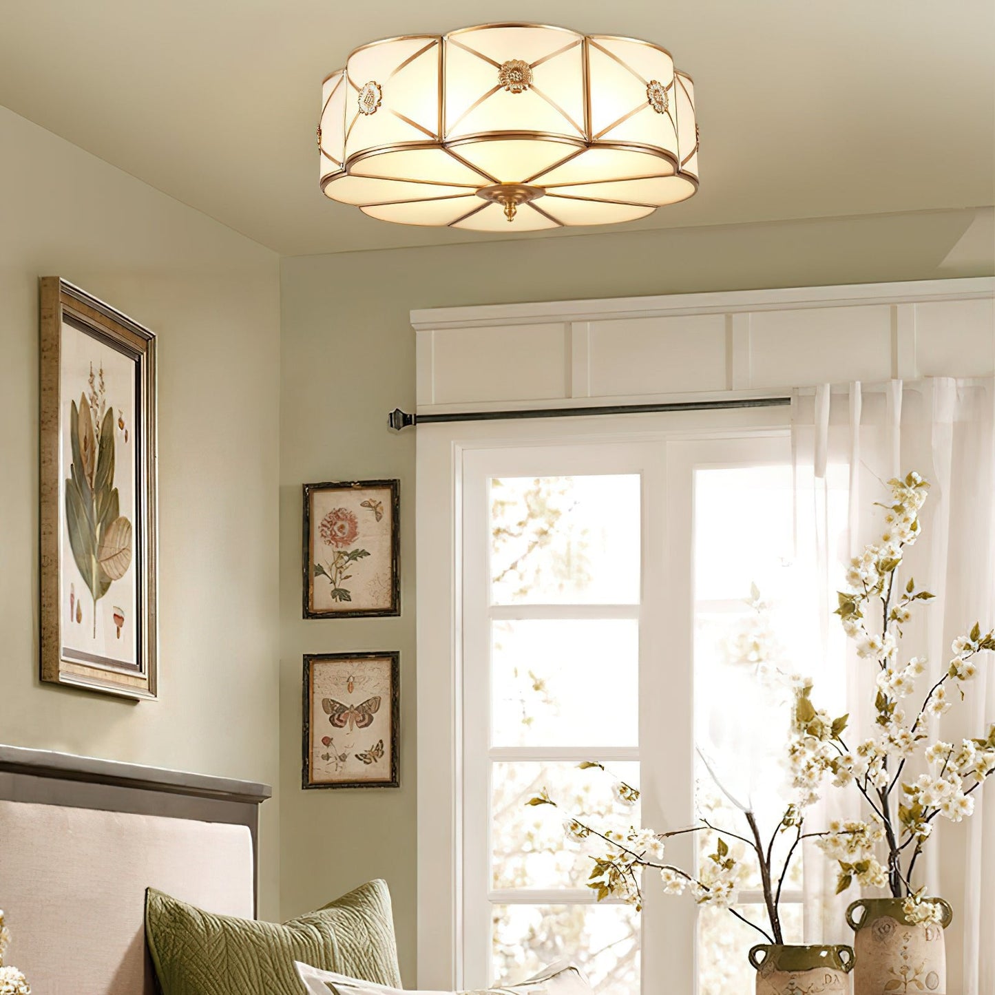 Brass Ceiling Lamp | Scalloped Edge Frosted Glass | 45cm Diameter