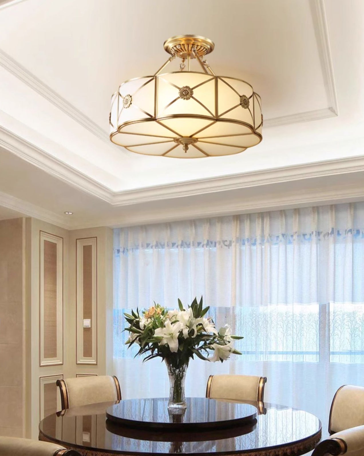 Brass Ceiling Lamp | Scalloped Edge Frosted Glass | 45cm Diameter