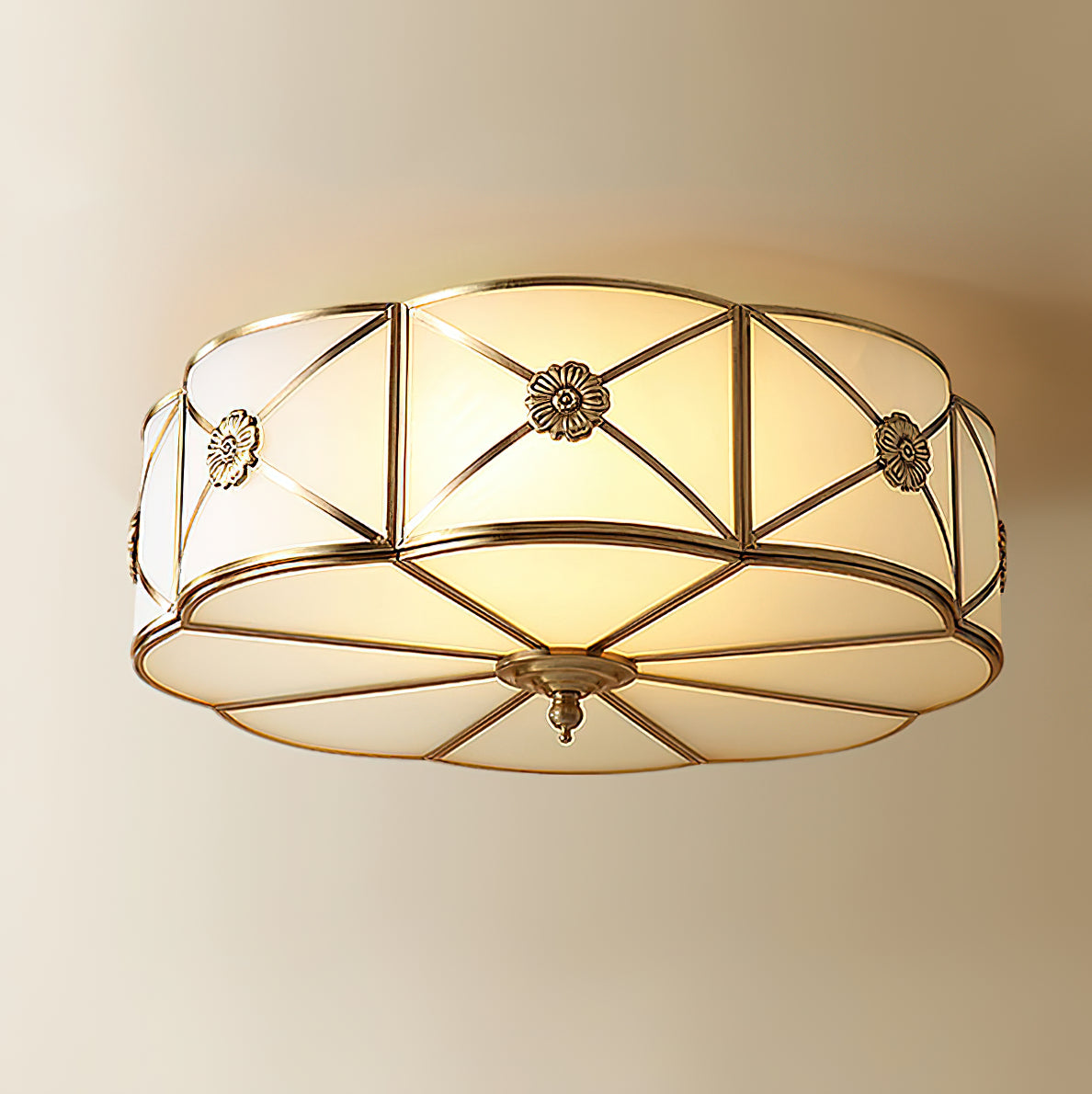 Brass Ceiling Lamp | Scalloped Edge Frosted Glass | 45cm Diameter