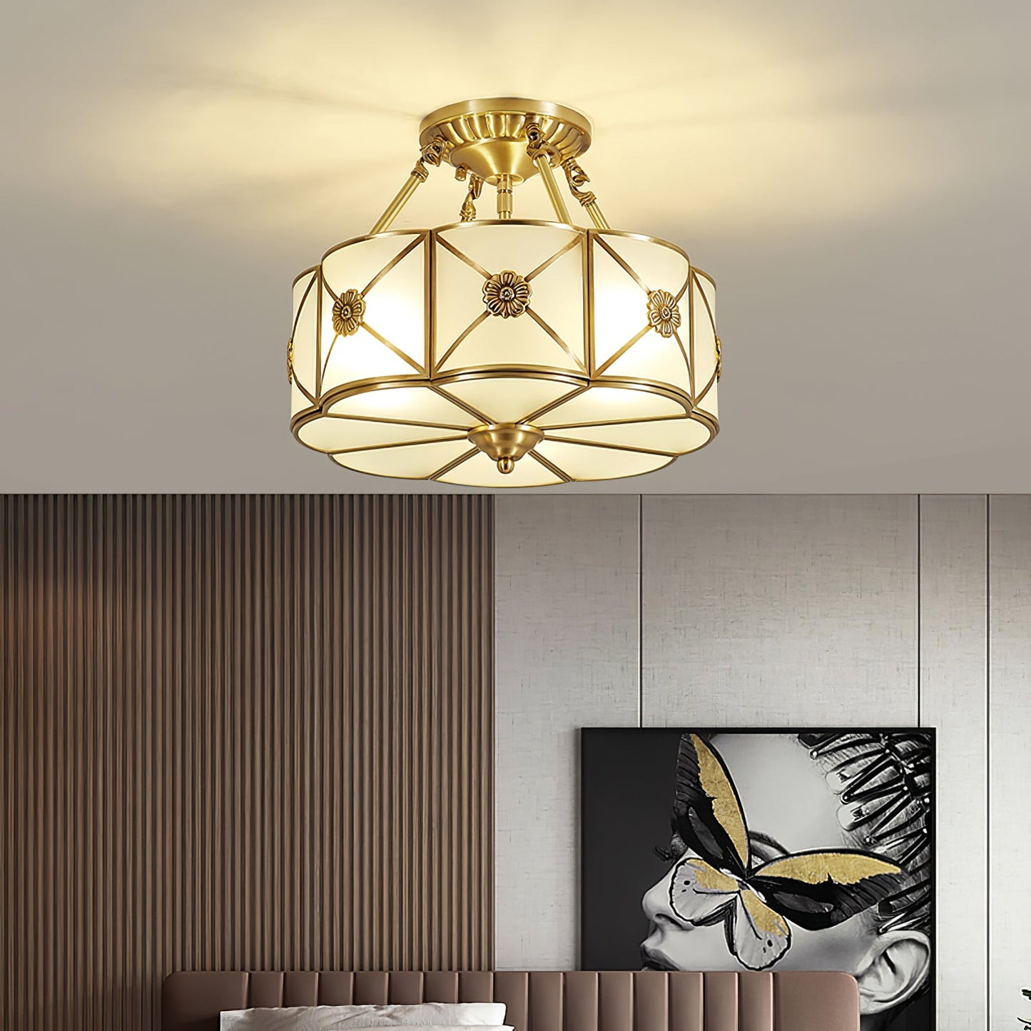 Brass Ceiling Lamp | Scalloped Edge Frosted Glass | 45cm Diameter