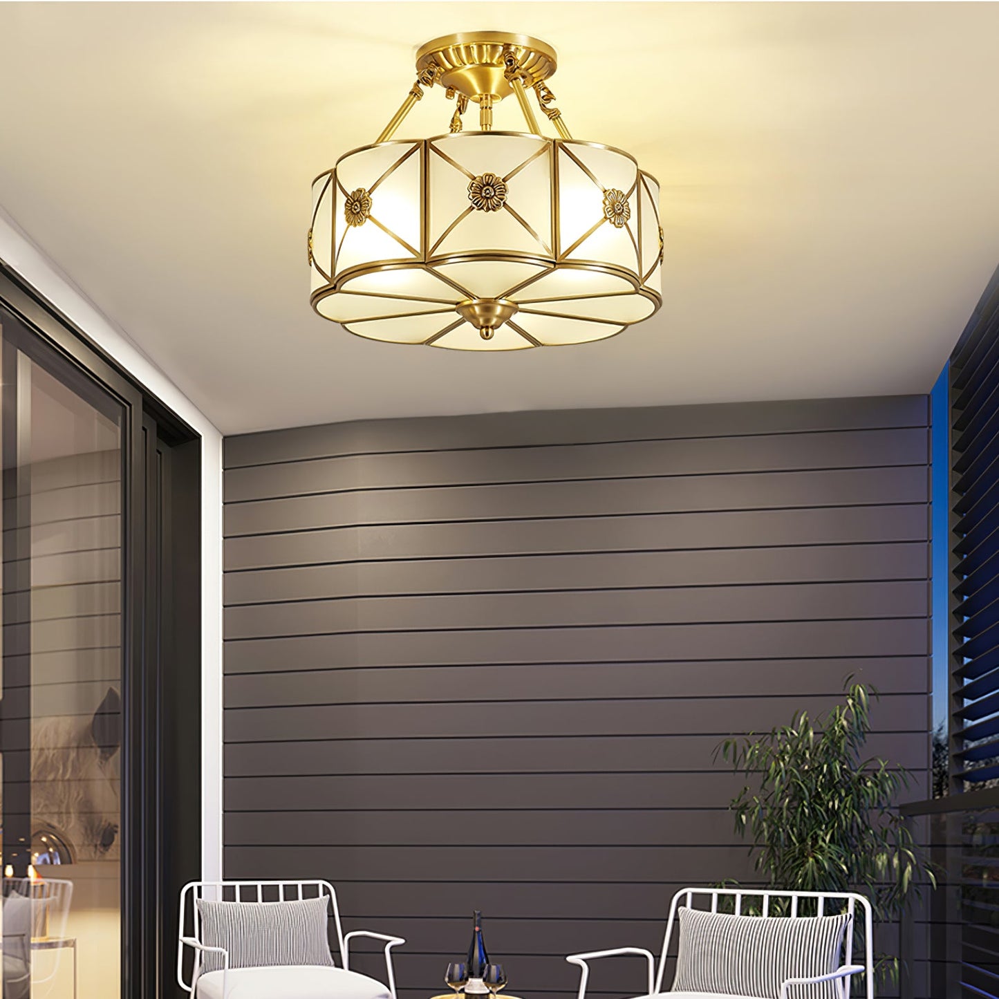 Brass Ceiling Lamp | Scalloped Edge Frosted Glass | 45cm Diameter