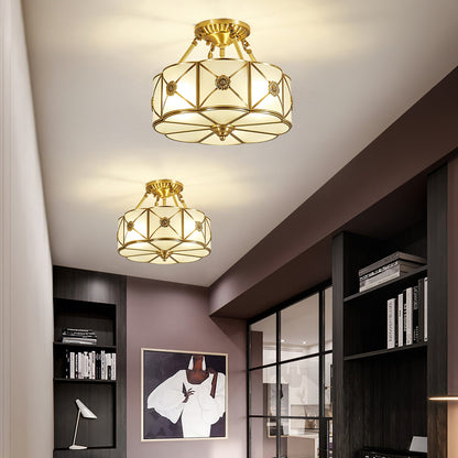 Brass Ceiling Lamp | Scalloped Edge Frosted Glass | 45cm Diameter