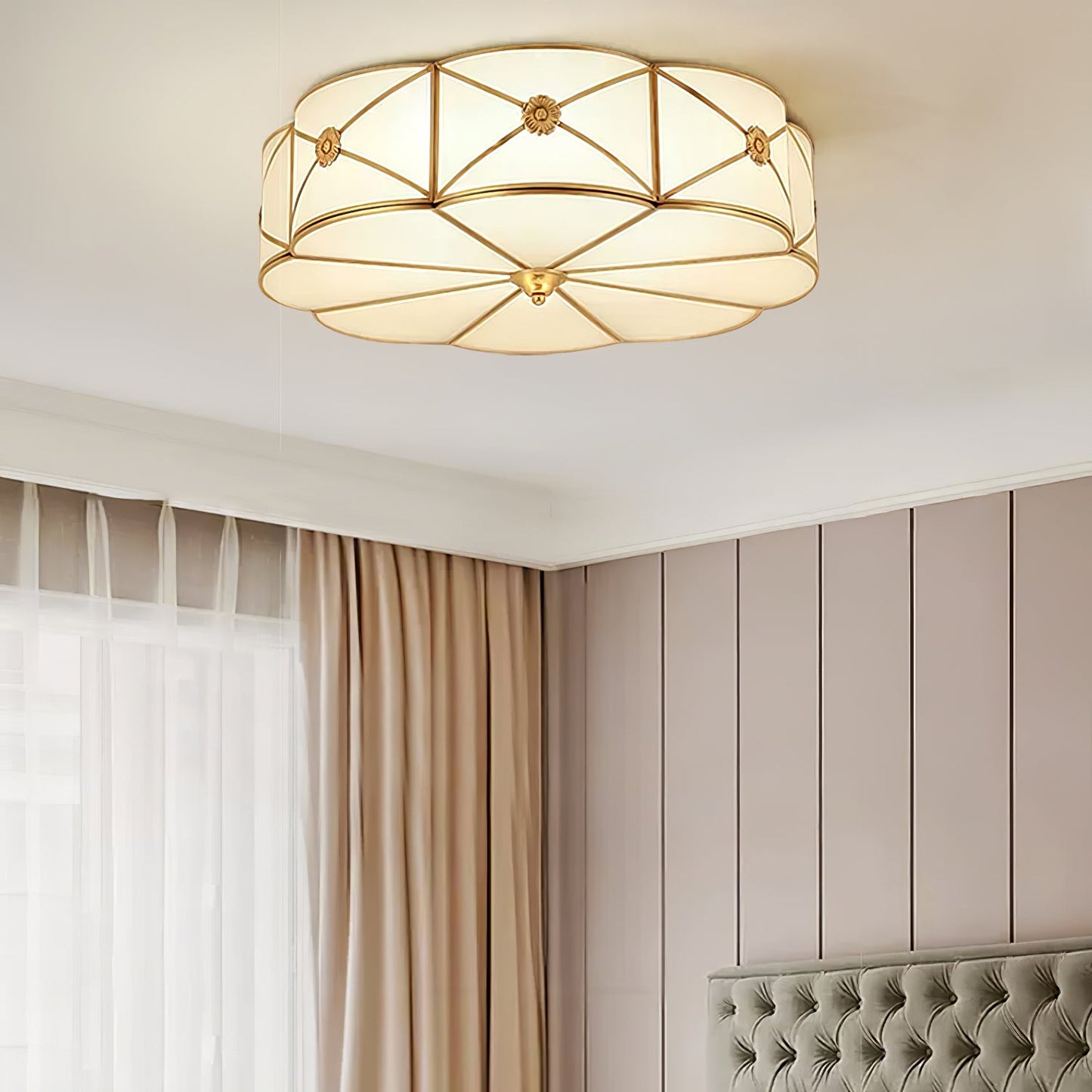 Brass Ceiling Lamp | Scalloped Edge Frosted Glass | 45cm Diameter