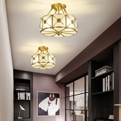 Brass Ceiling Lamp | Scalloped Edge Frosted Glass | 45cm Diameter