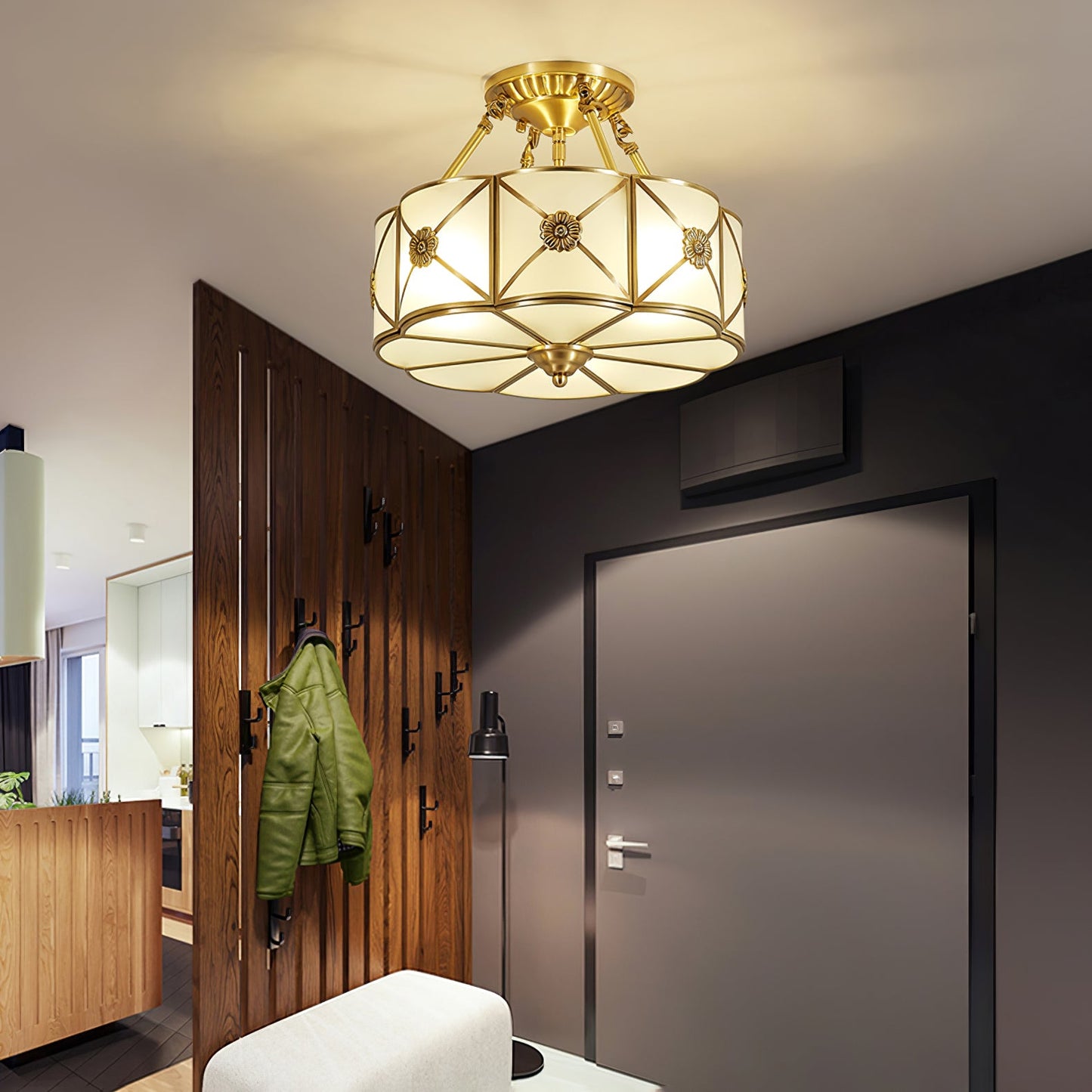 Brass Ceiling Lamp | Scalloped Edge Frosted Glass | 45cm Diameter